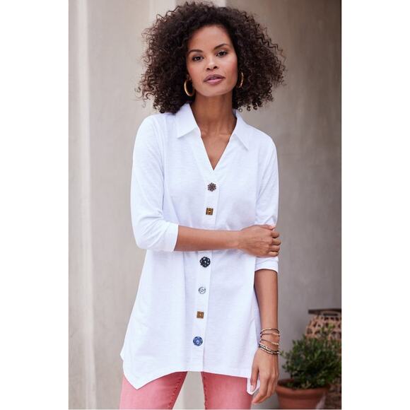 Soft Surroundings Tops - NWOT Soft Surroundings Danielle Button Top Tunic S Asymmetrical Hem 3/4 Sleeves